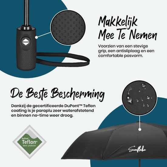 Parapluie pliable - Résiste à la tempête jusqu'à 140km/h - Pliage automatique - Housse de protection et pochette de voyage incluses - Noir - Sunflake