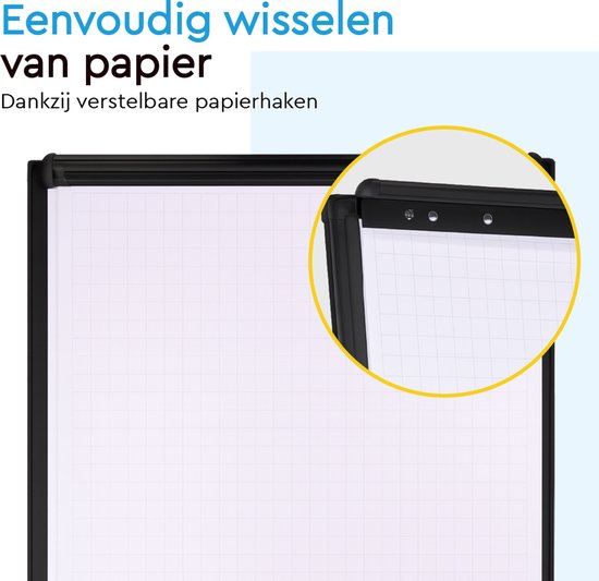 BRASQ Flipchart Mobile Deluxe -70x100 cm - Tableau blanc ajustable - 25 feuilles de papier et accessoires inclus - avec bras extensibles - Tableau magnétique avec crochets - Tableau magnétique - Noir