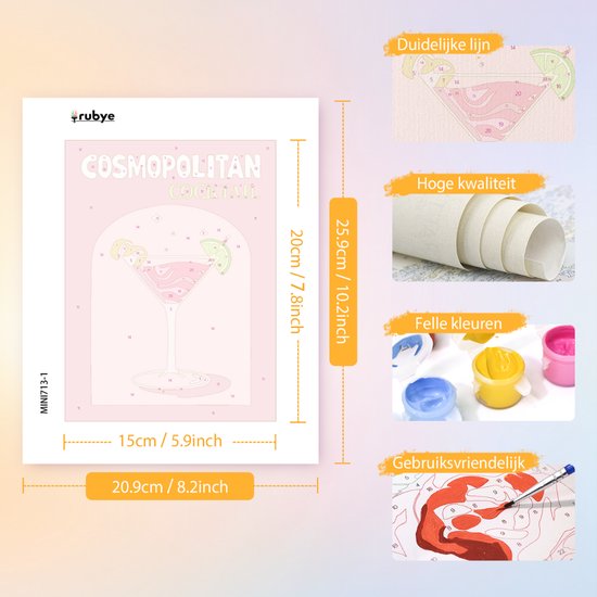 Rubye® Painting By Number Adults - Gin Tonic - Cocktails - Peinture et pinceaux inclus - Toile à peindre - Colour by Number - Double Set - 15x20cm