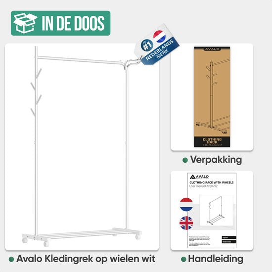 Avalo Portoir à Roulettes Blanc - Métal - 100x40x156 - Rangement Pour Chaussures