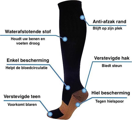 Chaussettes de compression - 2 paires - Chaussettes de compression - Course à pied - Randonnée - Unisexe - Taille 41-46 - Noir