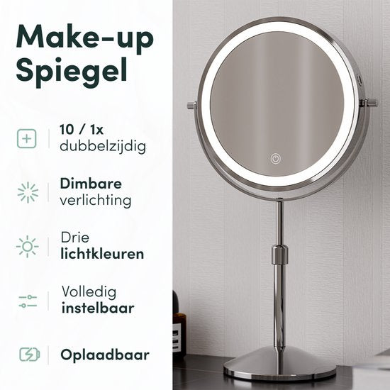 Nolt Miroir de maquillage avec éclairage LED - Miroir grossissant 1X/10X - Miroir de rasage - Lampe de chevet - 3 modes d'éclairage - Rechargeable - Argent