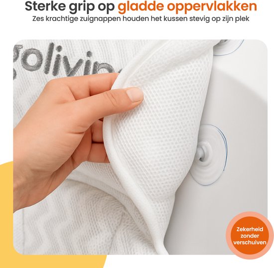 Coussin de bain Goliving - Coussin ergonomique pour le bain - Avec 6 ventouses - Sac de lavage inclus - Antidérapant, léger et imperméable - 100% Polyester - Blanc