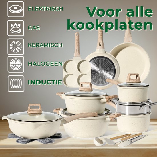 Just Perfecto 21 Set de casseroles et poêles à induction - Beige Set de casseroles et poêles avec couvercle pour gaz et induction - Sans PFAS - Poignées froides