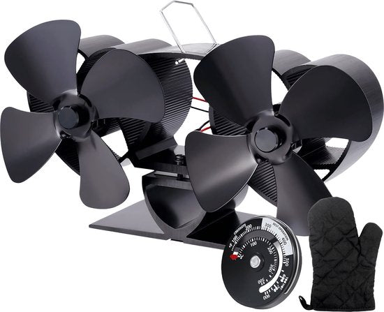 Vulpes Goods® Tech - Ventilateur de poêle à bois - Ventilateur de cheminée - Ecofan - Ventilateur de chaleur - 8 pales et 2 ventilateurs - Thermomètre et gant inclus - version PRO