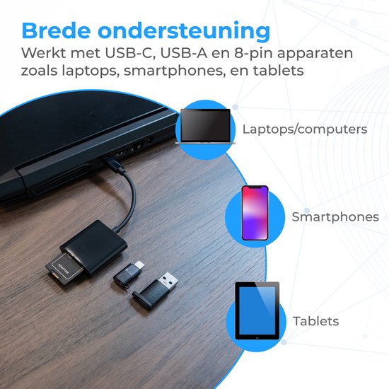 Nuvance SD Card Reader - Lecteur de cartes SD USB C - Lecteur de cartes - Convertisseurs Usb & 8-Pin inclus - Lecteur de cartes mémoire Micro SD - Noir
