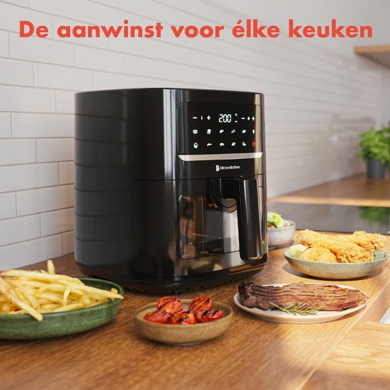 KitchenBrothers Airfryer XL - 6L - 1600W - Friteuse à air chaud - 50ºC à 200ºC - 10 programmes de cuisson - Noir