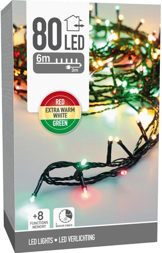 Lumières de Noël 40 led- 3m - trois tons traditionnel - Minuterie - Fonctions d'éclairage - Mémoire - Extérieur