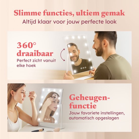 Fraay® Hollywood Mirror with Lighting 41x30cm - 3 Light Stages - Make-up Mirror with 10x Magnification Mirror - LED Spot Lighting Dimmable - Incl. Beauty Blenders and Powder puff