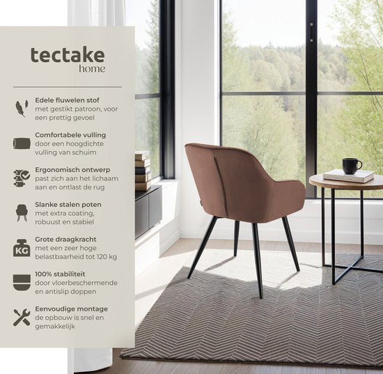 tectake® Dining Chair Marilyn - Chaise tapissée aspect velours - motif de couture - pieds de chaise noirs - chaise de cuisine ergonomique - avec dossier et accoudoirs continus - chaise pour salon, salle à manger, chambre à coucher - marron