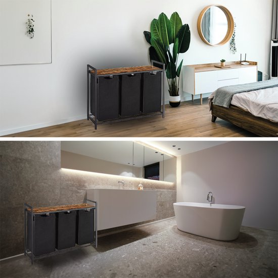 BRASQ Panier à linge 3 compartiments - Trieur de linge 114 litres - Extensible avec étagère 92,5x33x71 cm - Boite à linge Métal noir - Bois brun - Panier