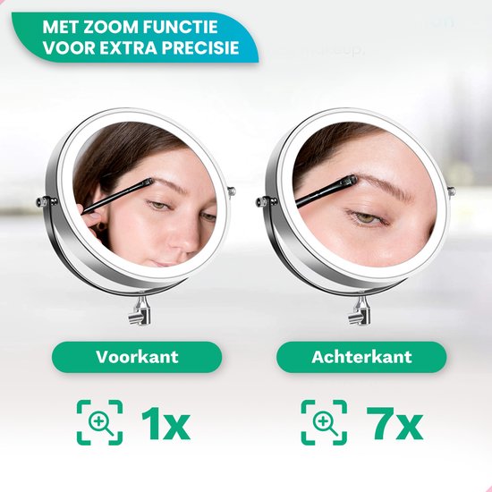 Mirlux Miroir de maquillage avec éclairage Led - rechargeable - grossissement 7X - Miroir grossissant avec lumière - Miroir de rasage - Miroir de salle de bain - Chrome