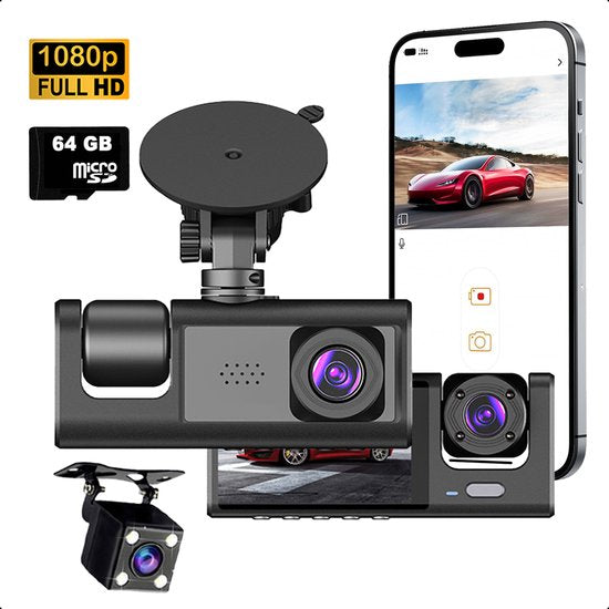 Tech Essentials® Dual Dashcam S1-Wifi pour voiture - Avec caméra arrière universelle - Full HD - Avec carte Micro SD 64GB - Avec vision nocturne - APP | Avant et arrière
