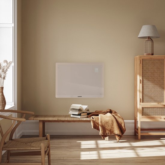 VONROC Chauffage électrique de luxe - Convecteur avec panneau en verre - 750W/1500W - Chauffe les pièces jusqu'à 18m2 - Contrôlé par l'application (via Wifi) et manuellement - Thermostat et minuterie réglables - Beige