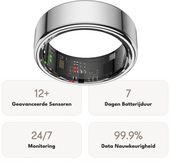 Focus® S1 Smart Ring - Argent - Taille 12 - Fréquence cardiaque - Cycle menstruel - Moniteur de sommeil - Anneau intelligent - Performance sportive - Podomètre - IP68 Waterproof - Mesure de l'O2 - Femmes - Hommes - Wearables - Étui de chargement - anneau