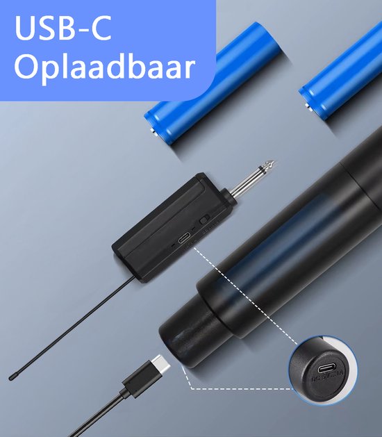 Tech Essentials® Ensemble de microphones sans fil - VHF - USB-C rechargeable - Plug & Play - Karaoké - Studio - Prise 3,5-6,3 mm - ASMR - Convient à Partybox