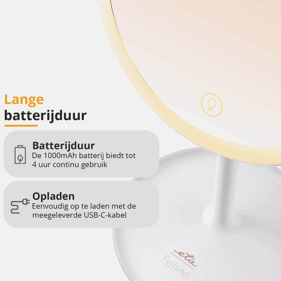 ETA Fenité Miroir de maquillage avec éclairage - grossit 5 fois par magnétisme - inclinable et rechargeable via USB-C - couleur de la lumière réglable - Ø20 cm - blanc
