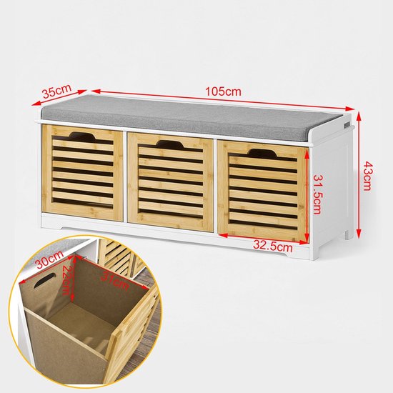 SoBuy Banc à chaussures avec coussin d'assise pour entrée ou salon, 3 paniers amovibles, 105x43x35 cm, FSR23-WN