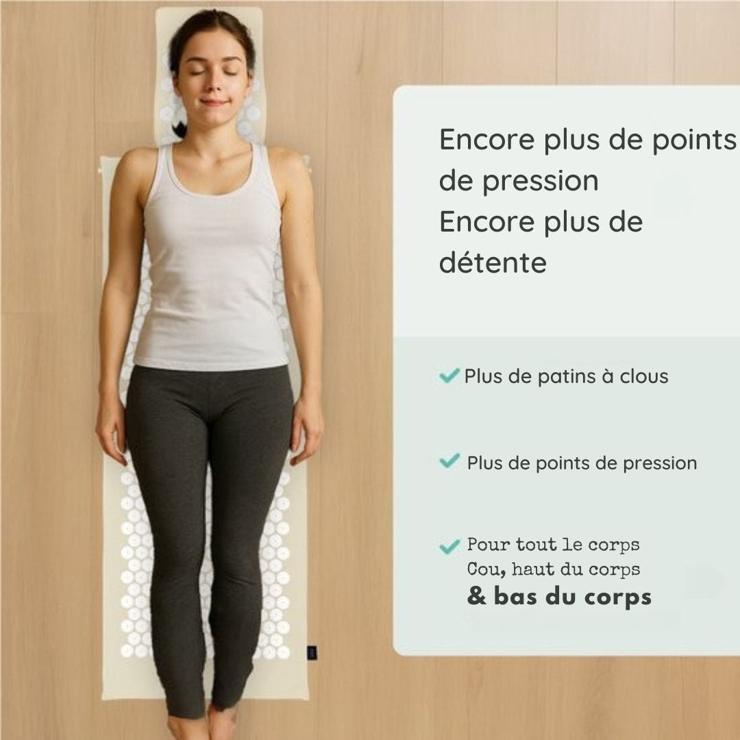 Tapis d'acupression XL LifeGoods - avec coussin - Tapis Shakti - Tapis pour les ongles avec 2 balles pour les points de déclenchement - 128x48x2cm - Beige/Blanc