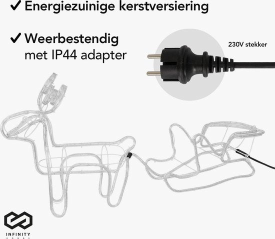 Infinity Goods Renne avec traîneau - Lumières de Noël - Figure LED d'intérieur et d'extérieur - Décorations de Noël - Guirlande lumineuse 3D - Noël - Blanc chaud