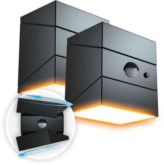 FlinQ Solar TwistCube 2-pack - Transformable en 4 formes - Applique solaire d'extérieur - Lampe solaire d'extérieur avec détecteur de mouvement - Lampe de jardin LED avec détecteur jour et nuit - Eclairage extérieur