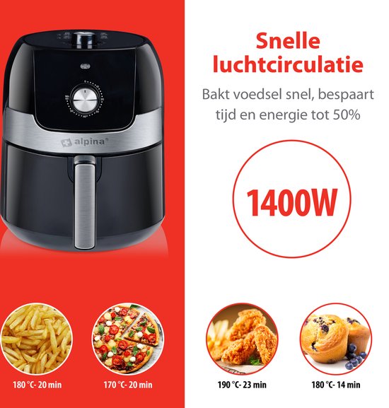 alpina Airfryer 3.5L - Friteuse à air chaud 2 à 3 personnes - Friteuse à air avec température réglable de 80 à 200°C - Four à air chaud Minuteur jusqu'à 60 minutes - 1400W - Noir