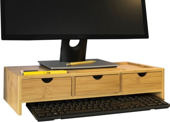 SoBuy BBF03-N Organisateur de bureau pour support de moniteur avec 3 tiroirs - Bambou - 51x12x25cm