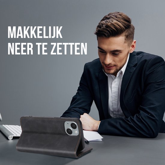 Podec Case with Card Holder Suitable for iPhone 15 Black Phone Case - Anti-Shock Bookcase Cover with 1x Screen Protector - Wallet Case