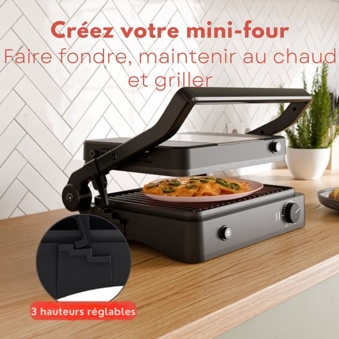 Appareil à griller KitchenBrothers - Plaques de gril amovibles - Gril à panini - 3 réglages de hauteur - Fer à toasti - 2000W - Noir