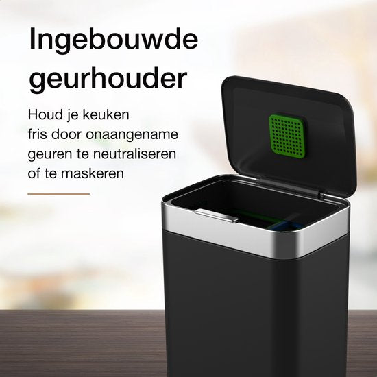 Loftey Trashcan 60 Liter - Push/touch Waste Bin - Duo Waste Bin with inner bin - Trash can 2 compartments - Waste Separation 2x30L - Kitchen - Black/RVS