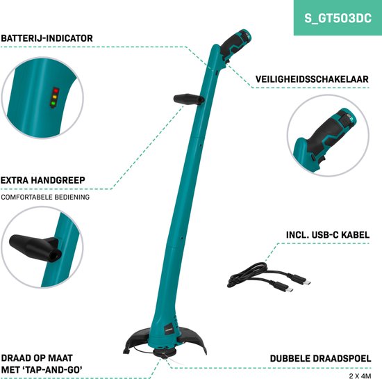 VONROC Grastrimmer 12V - Batterie, câble usb-c et bobine de cordon inclus
