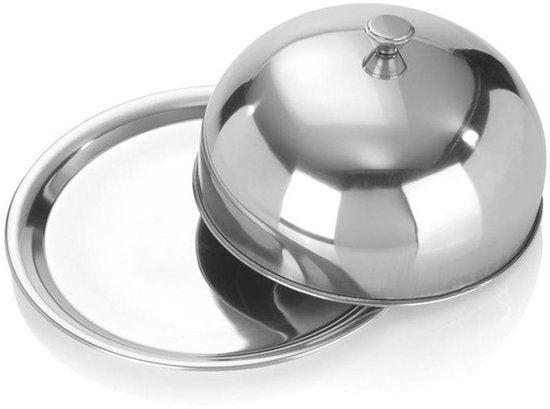 Excellent Houseware bol de service cloche avec plateau - argenté - acier inoxydable - D25 x H12 cm - service alimentaire - avec couvercle