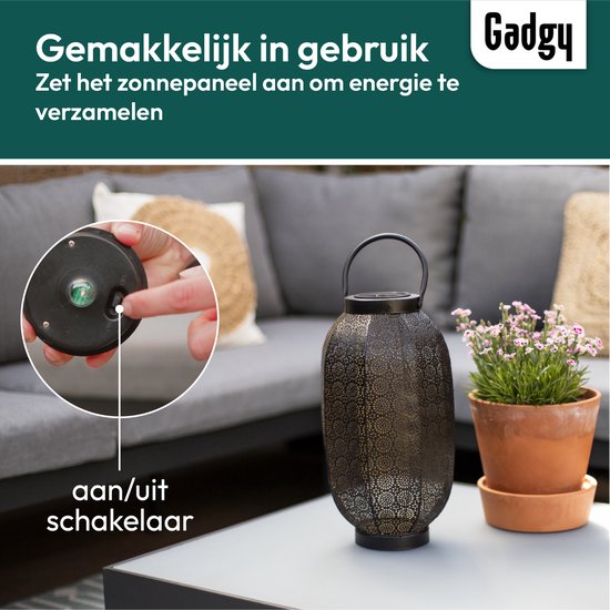 Gadgy Solar Lantaarn Bloem Groot - Solar tuinverlichting op zonneenergie - Led buitenverlichting met dag/nacht sensor - Tafellamp - Tuinlantaarn - Metaal - 36 x Ø20 cm - zwart / goud