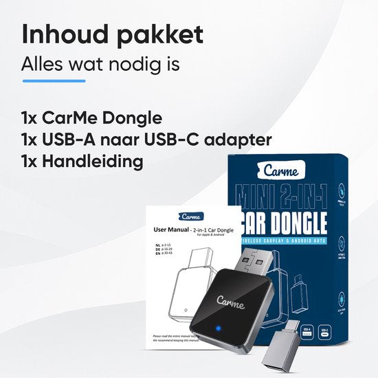 CarMe Mini 2-in-1 CarPlay Dongle V2 - Wireless CarPlay & Android Auto - USB-A & USB-C - Android Auto Dongle - Noir