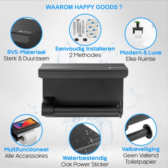 Happy Goods Porte-rouleau de toilette avec étagère - Autocollant / Perçage - Porte-rouleau de toilette Noir sans perçage - Acier inoxydable - Vis incluses.