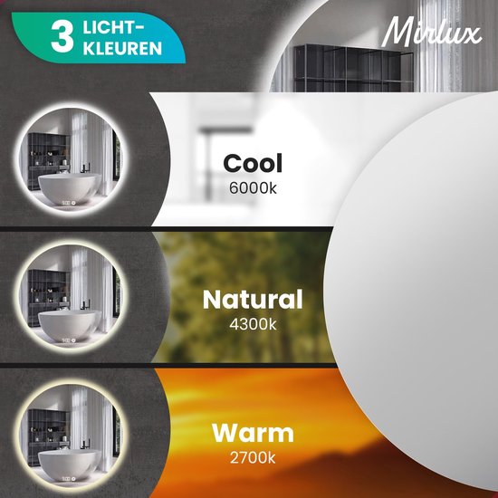 Mirlux Miroir de salle de bain avec éclairage LED et chauffage - Miroir mural rond - Miroir de douche anti-condensation - 60CM