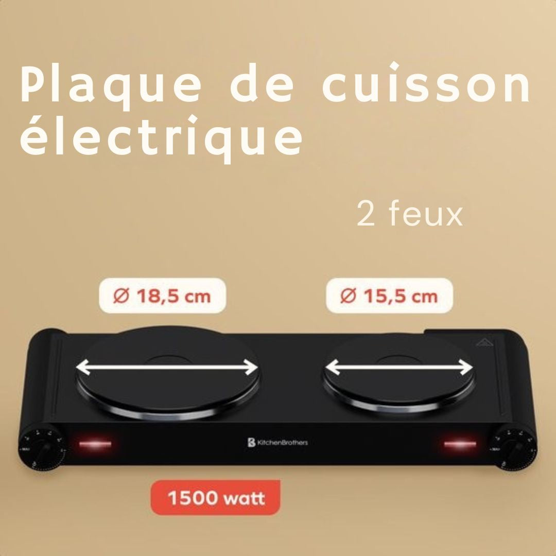 Table de cuisson électrique KitchenBrothers - 2 brûleurs - pose libre - 7 réglages de température - 1500W + 1000W - Noir