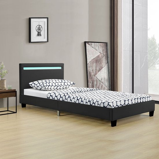 Lit rembourré Verona - 90 x 200 cm - Noir - Eclairage LED