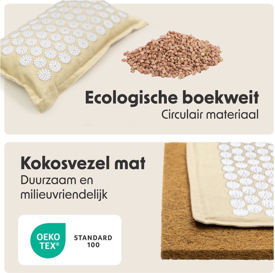 LifeGoods Acupressure Mat Eco - Set complet - Coussin / Sac de transport / 2x Trigger Point Ball - Shakti mat - Nail Mat - 72x43x2cm - Beige/White