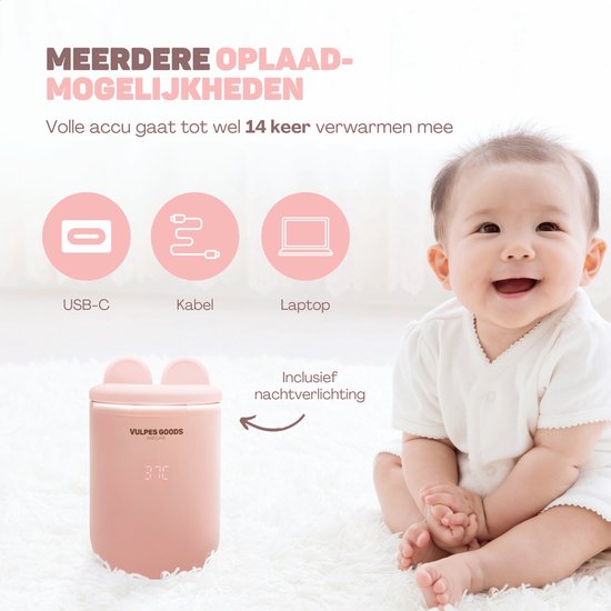 Vulpes Goods® BabyCare - Chauffe-biberon On the Go Pro Max - Chauffe-biberon portable - Chauffe-biberon intelligent - 4 niveaux de température - Sans fil - Rose