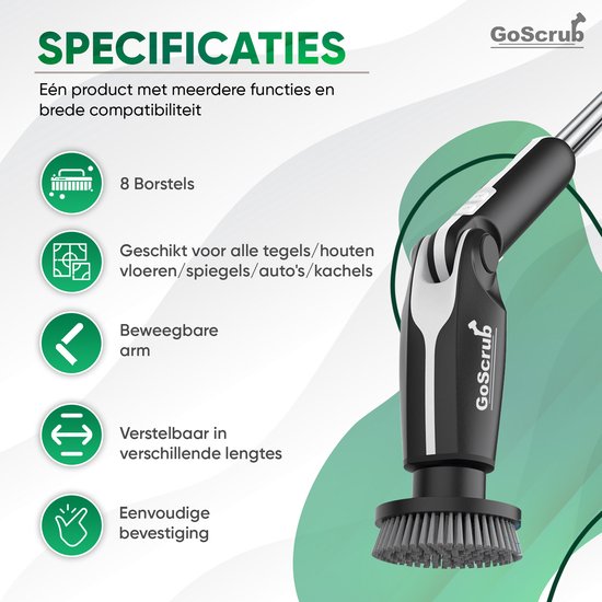 GoScrub® Electric Cleaning Brush - Cleaning Hero V1 - Noir - Brosse à récurer avec manche - Polisseuse - Brosse à récurer - Pour la salle de bain et la cuisine - 8 accessoires
