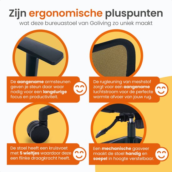 Goliving Ergonomic Office Chair - Chaise de bureau - réglable - sur roulettes - pour adultes - NEN-1335 - noir