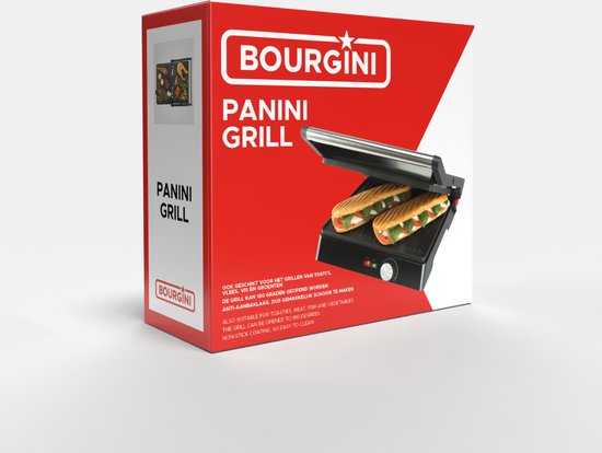 Bourgini Contact Grill Classic - Gril à panini et fer à griller - Revêtement antiadhésif - Couvercle flottant - Appareil à griller - Gril de contact - Acier inoxydable - Sans BPA