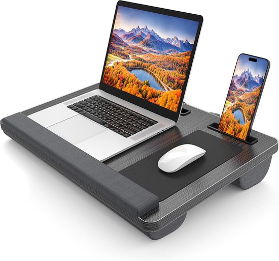 Coussin pour ordinateur portable - Lap table - Réglable - Support pour le travail à domicile - Table de lit - Support pour ordinateur portable et tablette - Avec support de téléphone