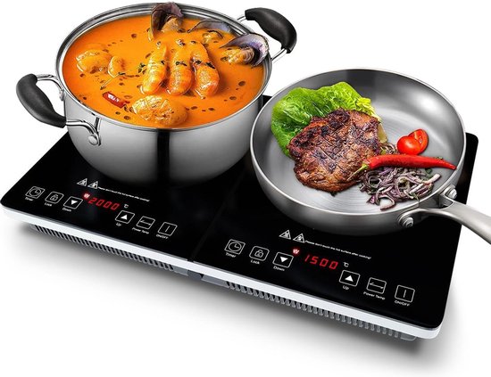 Plaque induction - KitchenBrothers - Table de cuisson transportable - 2 brûleurs - pose libre - 1500W + 2000W - acier inoxydable