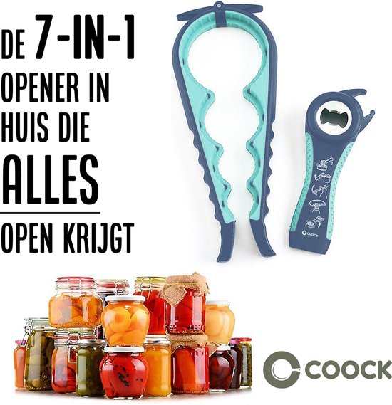COOCK - Ouvre-tout - Ouvre-pot 7-en-1 - Aides de cuisine - Ouvre-bouteille - Ouvre-bière - Ouvre-couvercle XL pour bocaux - Ouvre-bocal - Aides pour les personnes âgées - Bleu