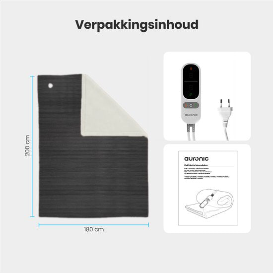 Couverture électrique Auronic - 200 x 180cm - 2 personnes - Couverture chauffante - 3 niveaux de chaleur - Peluche - couverture chauffante - Anthracite