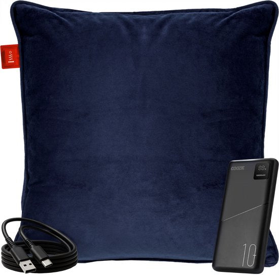 Coozie Rechargeable Heat Pillow - Sans fil et filaire - 45-65°C - Velours - 45 x 45 cm - Bleu foncé - Oreiller électrique - Powerbank incluse - Jusqu'à 8 heures de chaleur