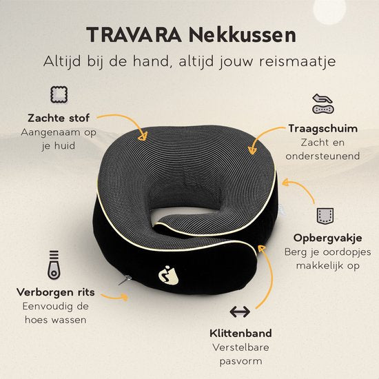 TRAVARA Oreiller de cou - Oreiller de voyage - Pour l'avion - La voiture - Mousse à mémoire de forme - Avec bouchons d'oreille - Noir