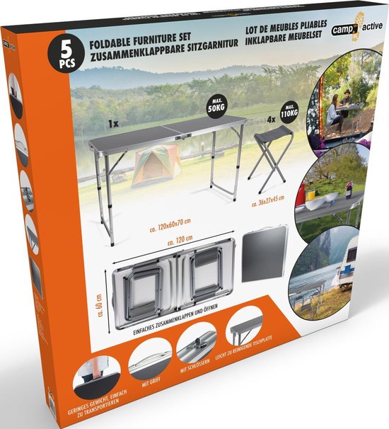 Camp Active Camping Table Set - Table de camping avec 4 tabourets - pliable - légère - compacte - robuste - grise